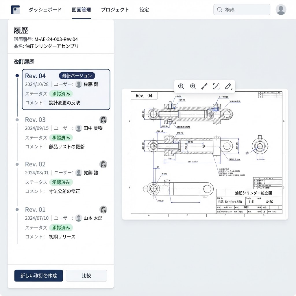 図面の改訂履歴と最新版がひと目でわかるバージョン管理画面
